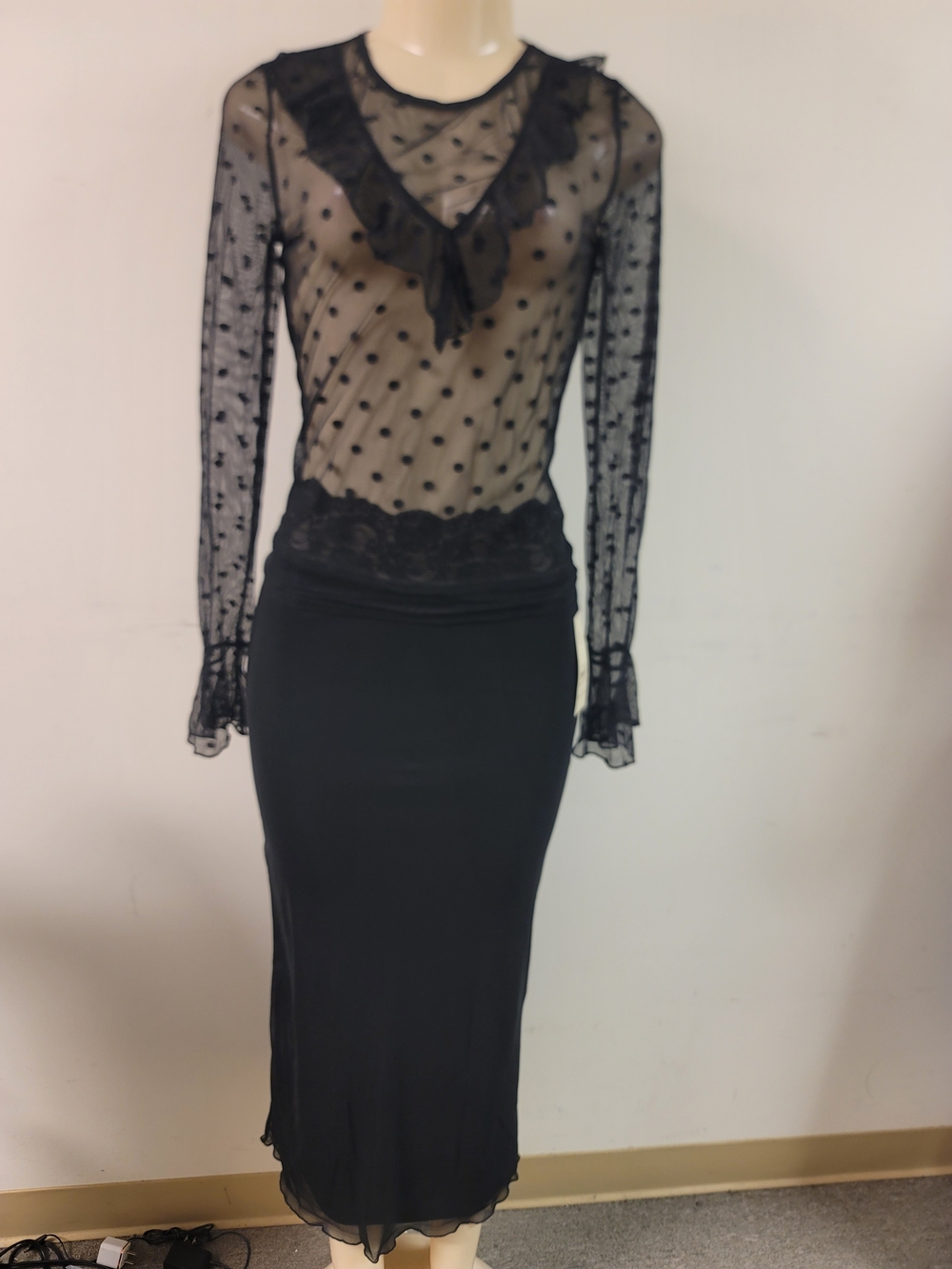 Black Sheer Polka Dot Ruffle Blouse with Black Midi Skirt